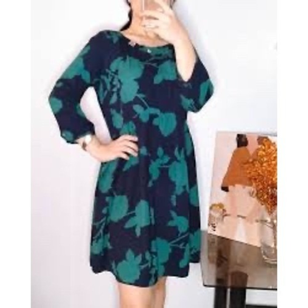 Old Navy Womens Navy Blue Teal Green Floral Empire Waist 3/4 Sleeve Dress Size M